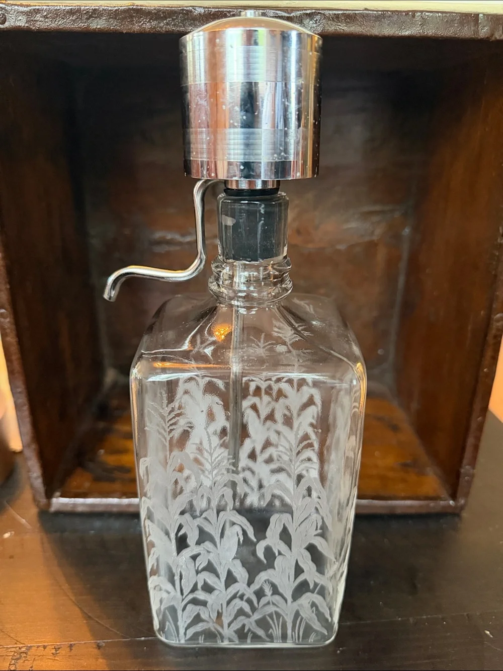 Continental Etched Glass Bourbon Dispenser with Chrome Pump Mid century modern